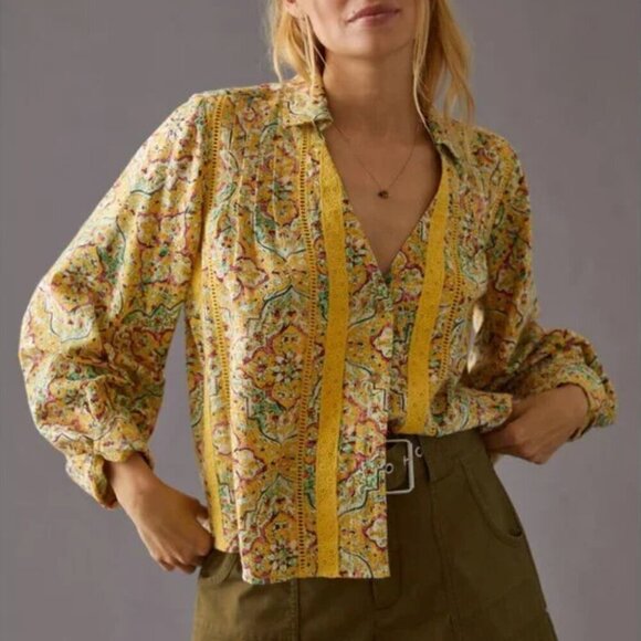 NWT Pilcro by Anthropologie Pintuck Peasant Blouse Yellow Floral Print XS - Picture 1 of 9
